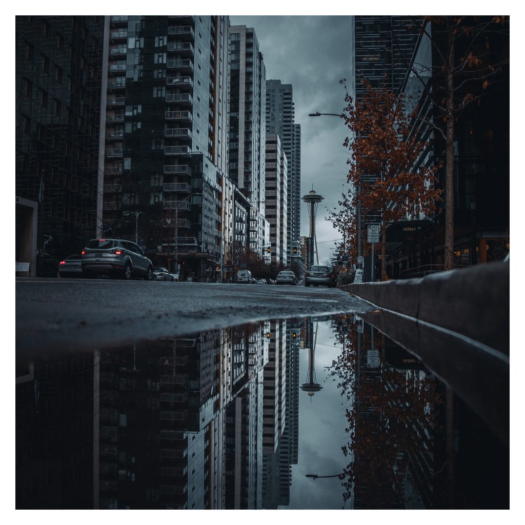 Downtown Seattle Washington Space Needle 4x4 Series Rainy City Puddle Reflection